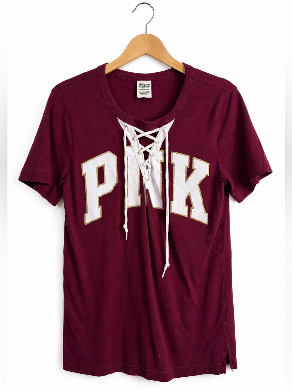 PINK Victoria's Secret Burgundy Lace-Up Logo Tee XS Varsity Campus Athleisure